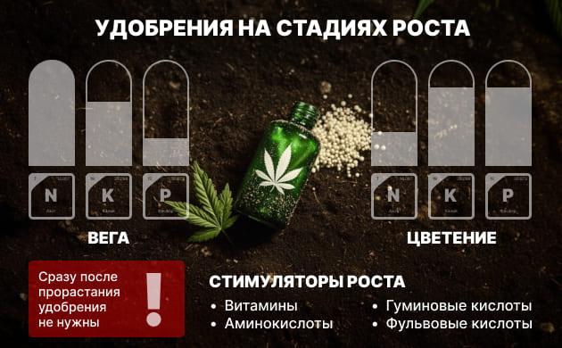 Удобрения для этапов вегетации и цветения Удобрения на всех стадиях жизни конопли